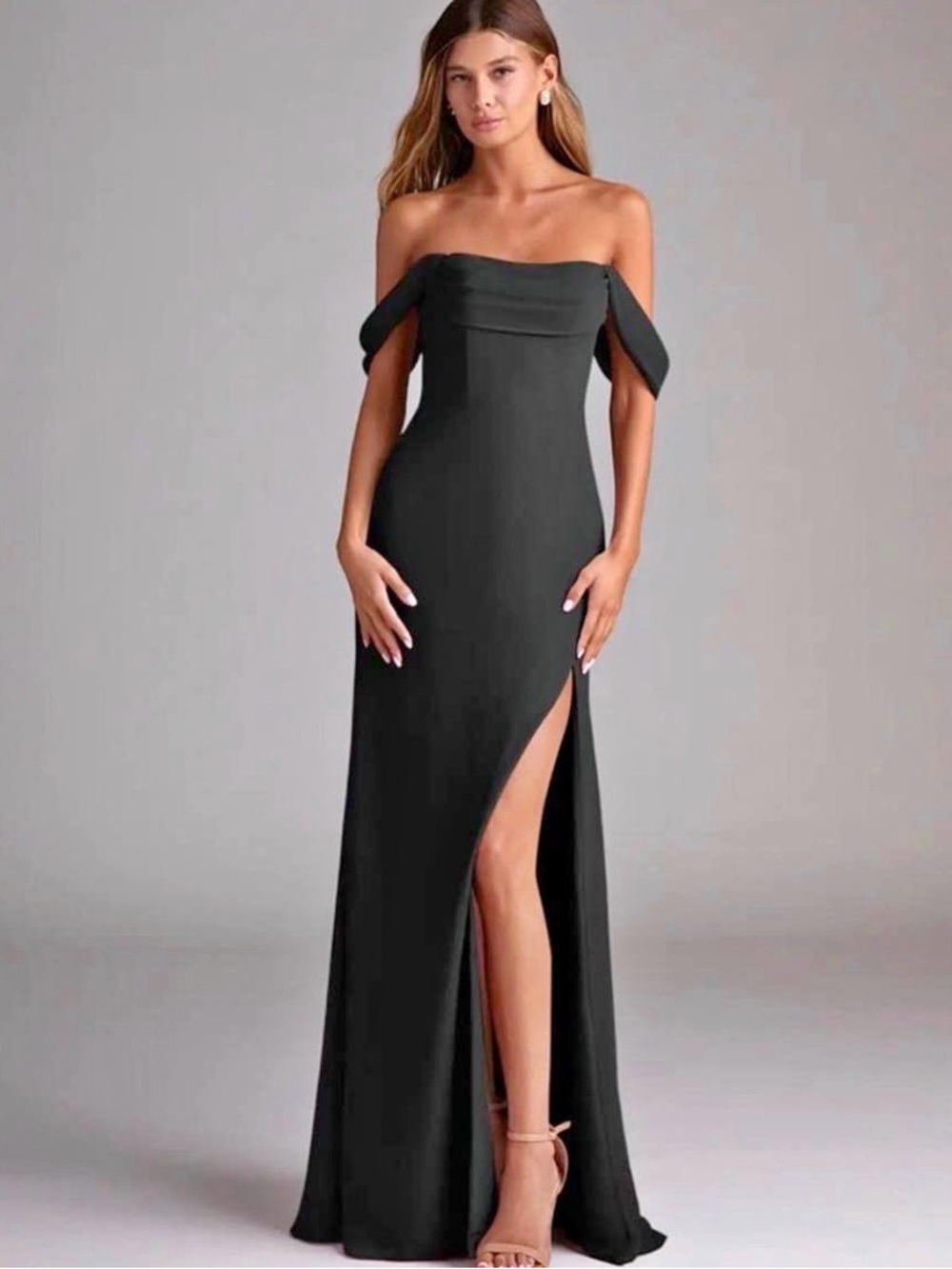 Azazie Black Off-Shoulder Strapless Evening Dress with Side Slit